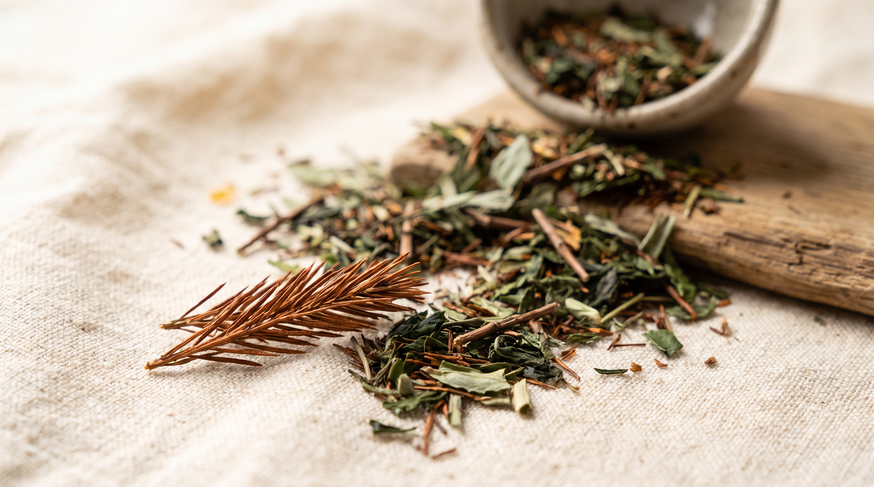 Hojas de rooibos sobre lino natural junto a una taza de cerámica