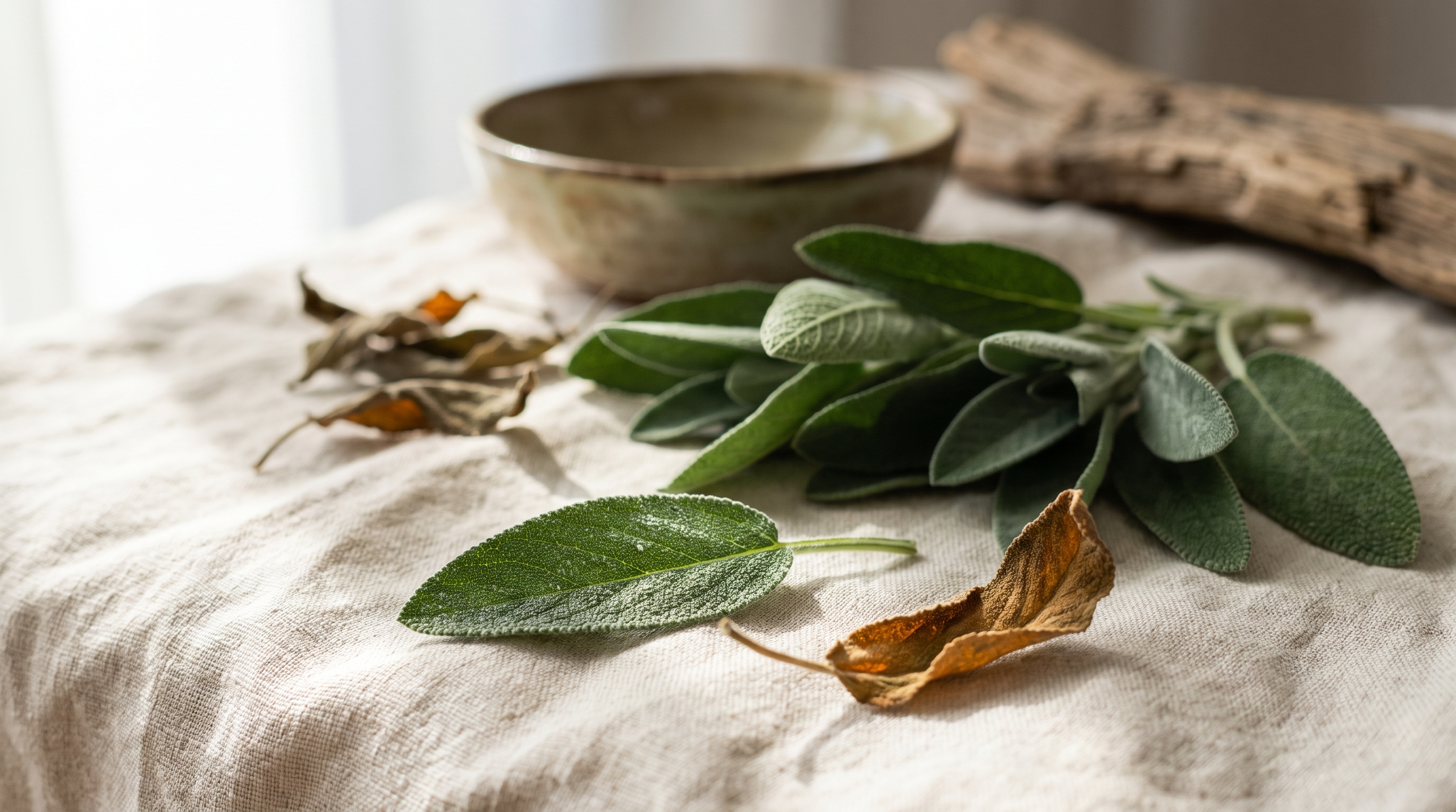 Hojas de salvia fresca sobre lino natural