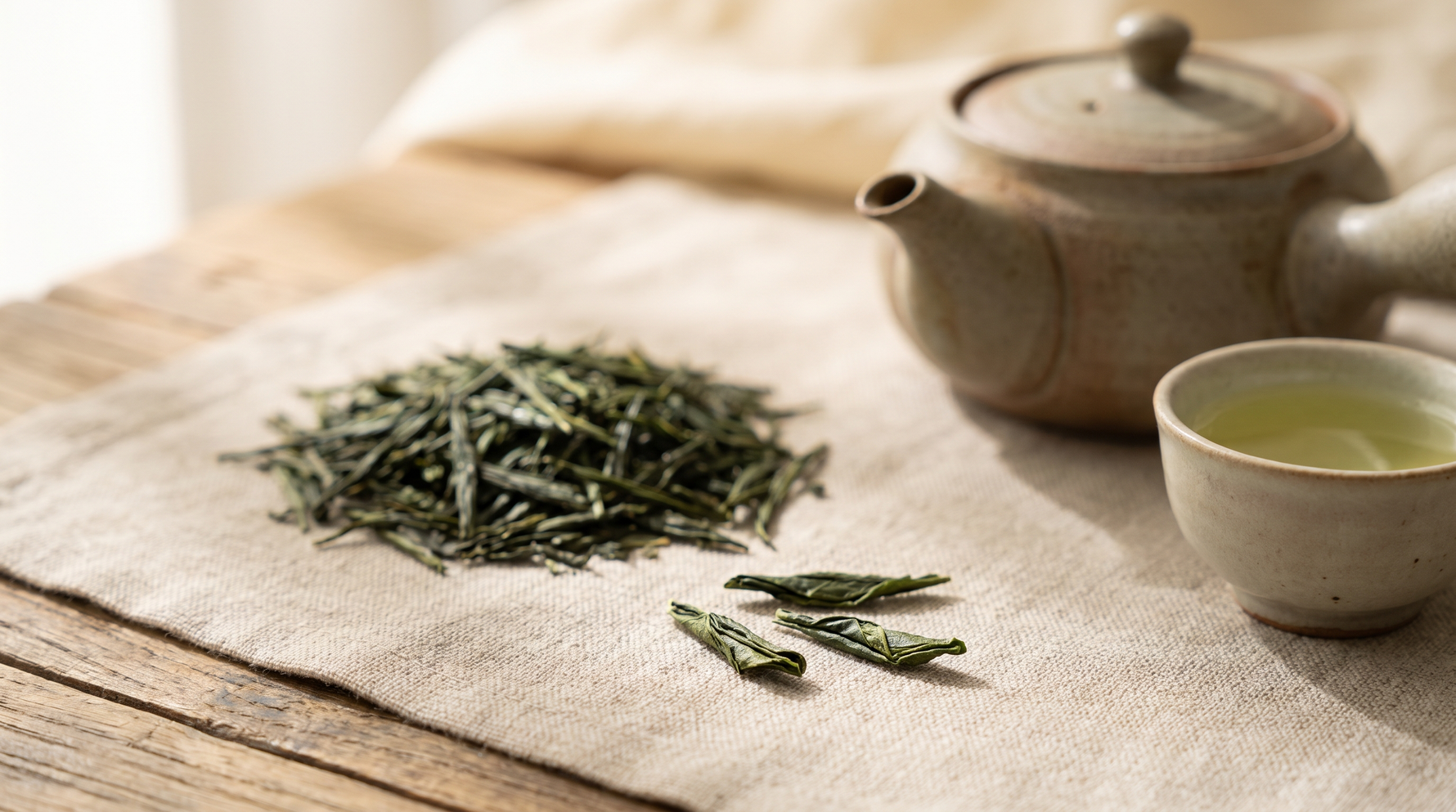 Hojas enrolladas de té gyokuro japonés junto a una tetera kyusu de cerámica sobre lino natural