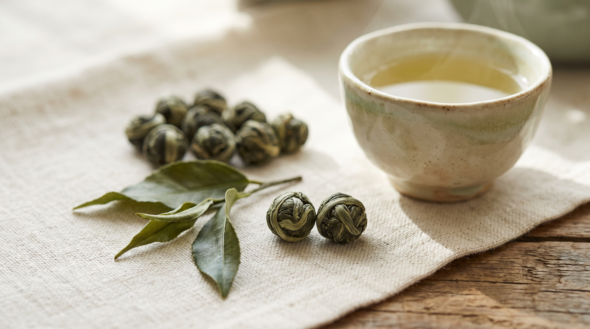 Perlas de té oolong enrolladas sobre lino natural junto a una taza de cerámica