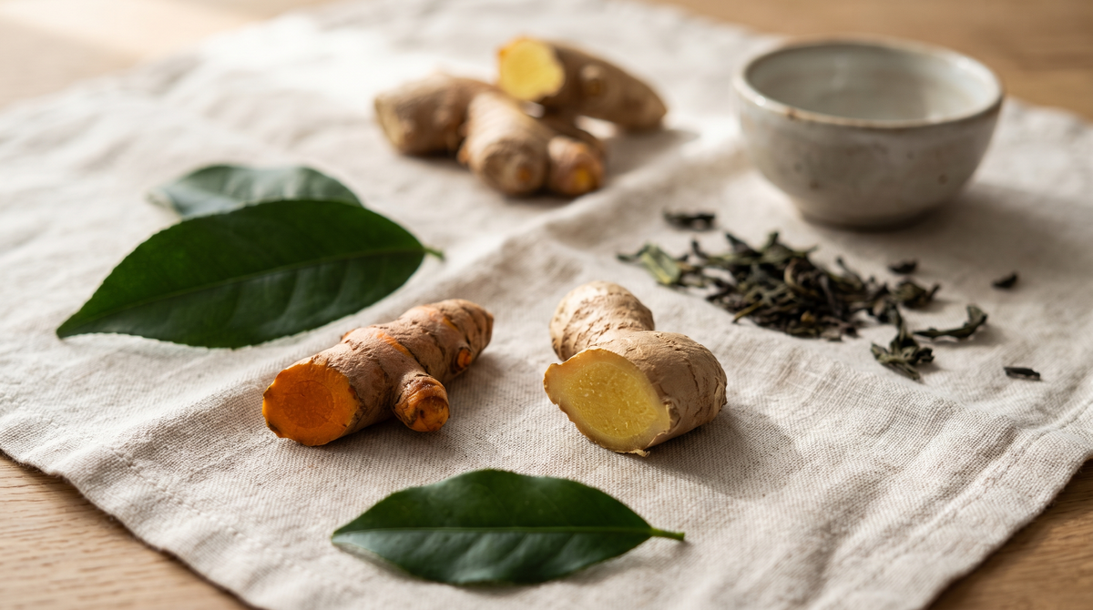 Jengibre, cúrcuma y hojas de té frescas y secas sobre lino natural