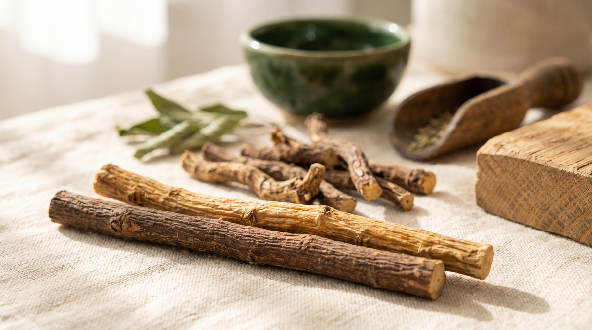 Raíces de regaliz frescas y secas sobre lino natural