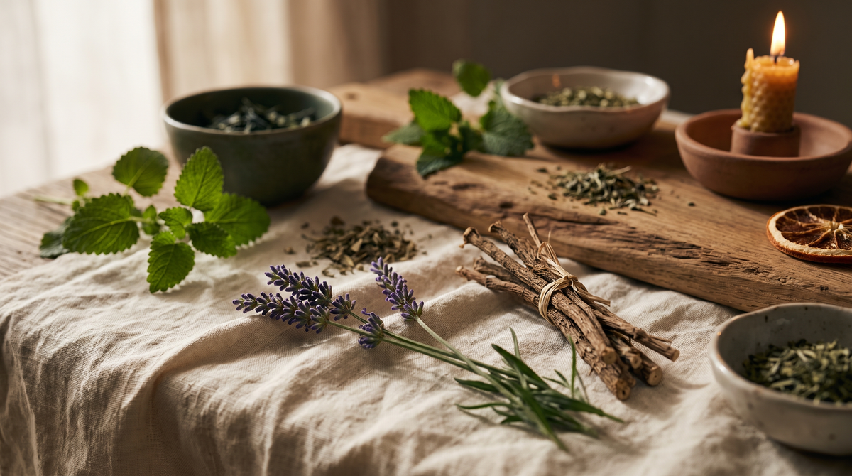 Flores de lavanda, valeriana y melisa secas sobre lino natural