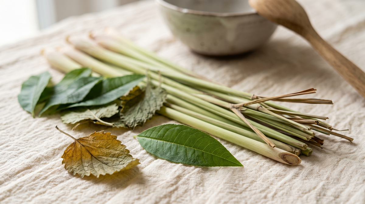 Hojas de hierba luisa, tallos de lemongrass y melisa fresca sobre lino natural
