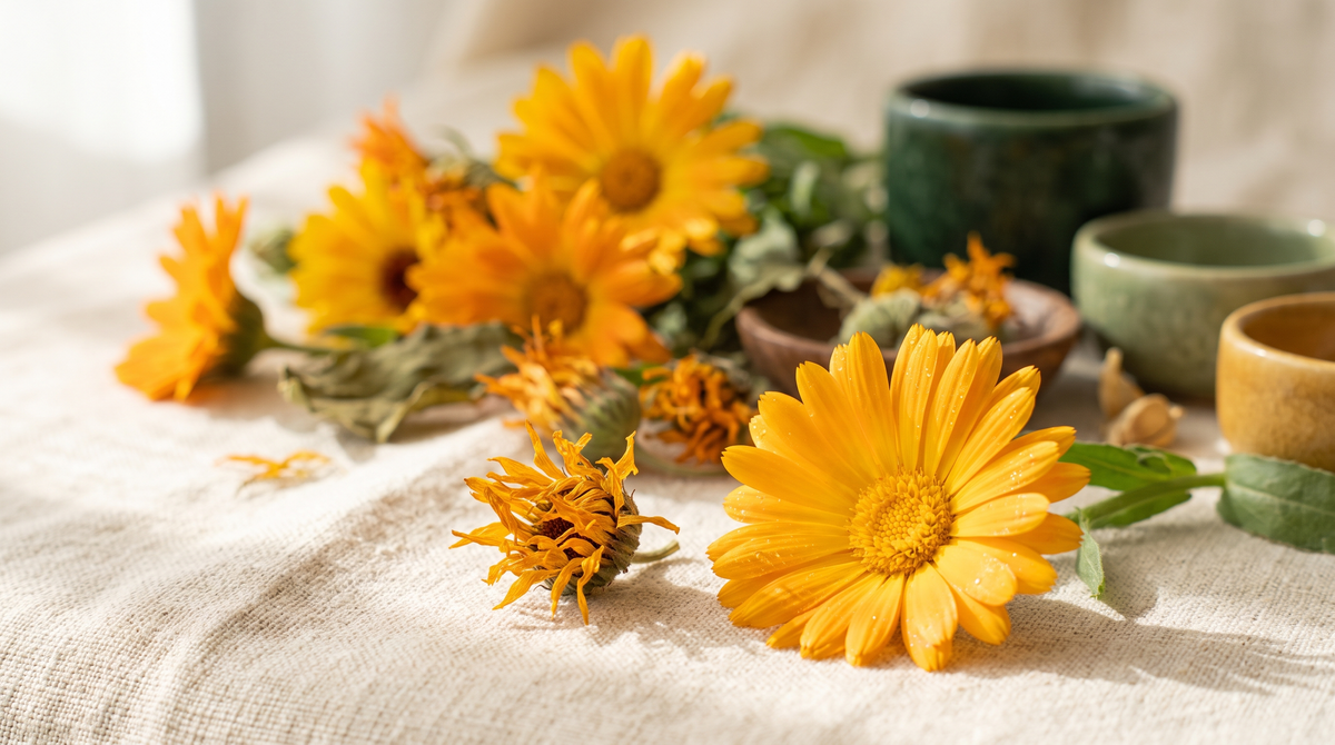 Flores de caléndula frescas y secas sobre lino natural