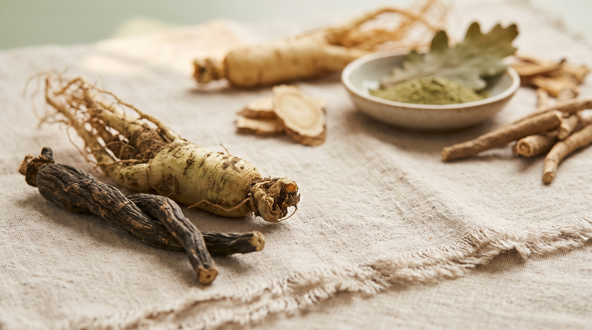 Raíces de ginseng y ashwagandha frescas y secas sobre lino natural