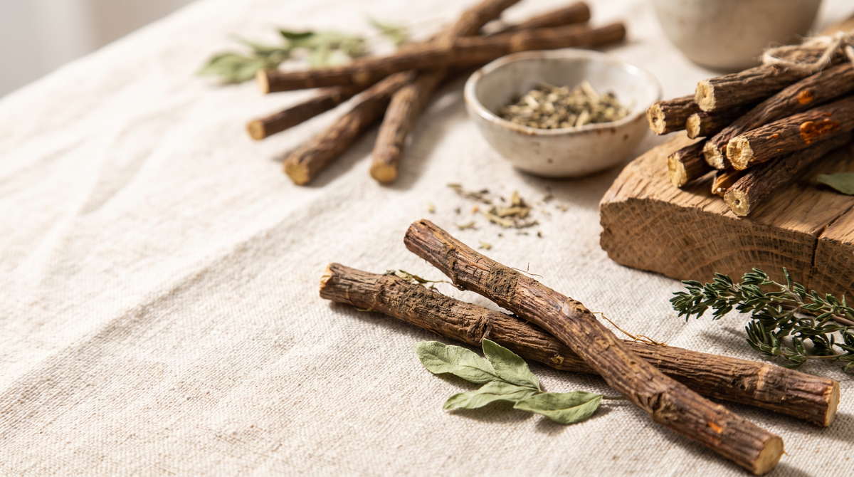 Raíces de regaliz frescas y secas sobre lino natural