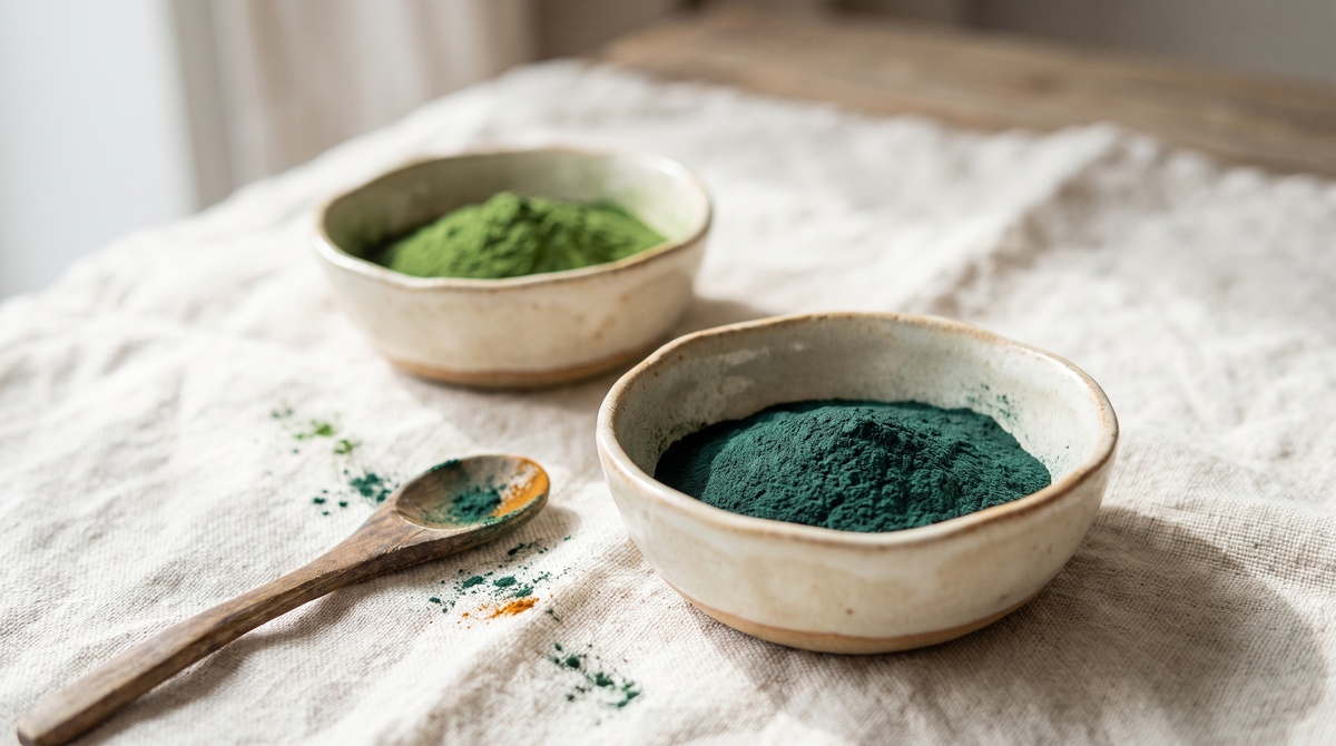 Cuencos de cerámica con espirulina verde azulada y chlorella verde esmeralda en polvo sobre lino natural
