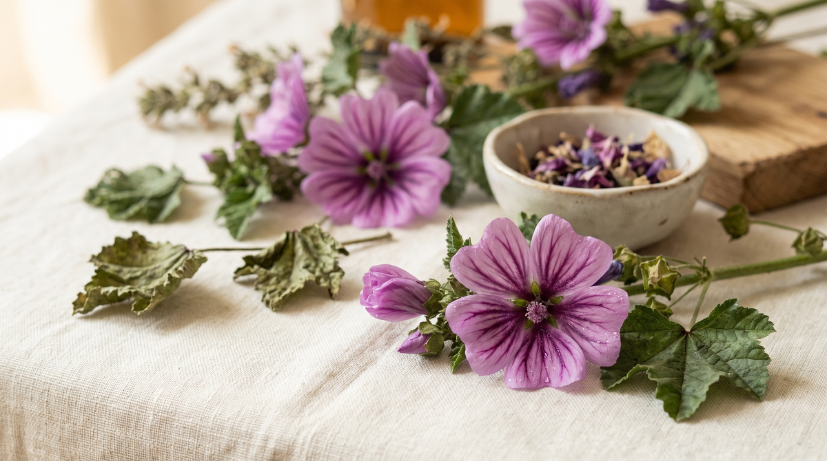Flores y hojas de malva frescas y secas sobre lino natural