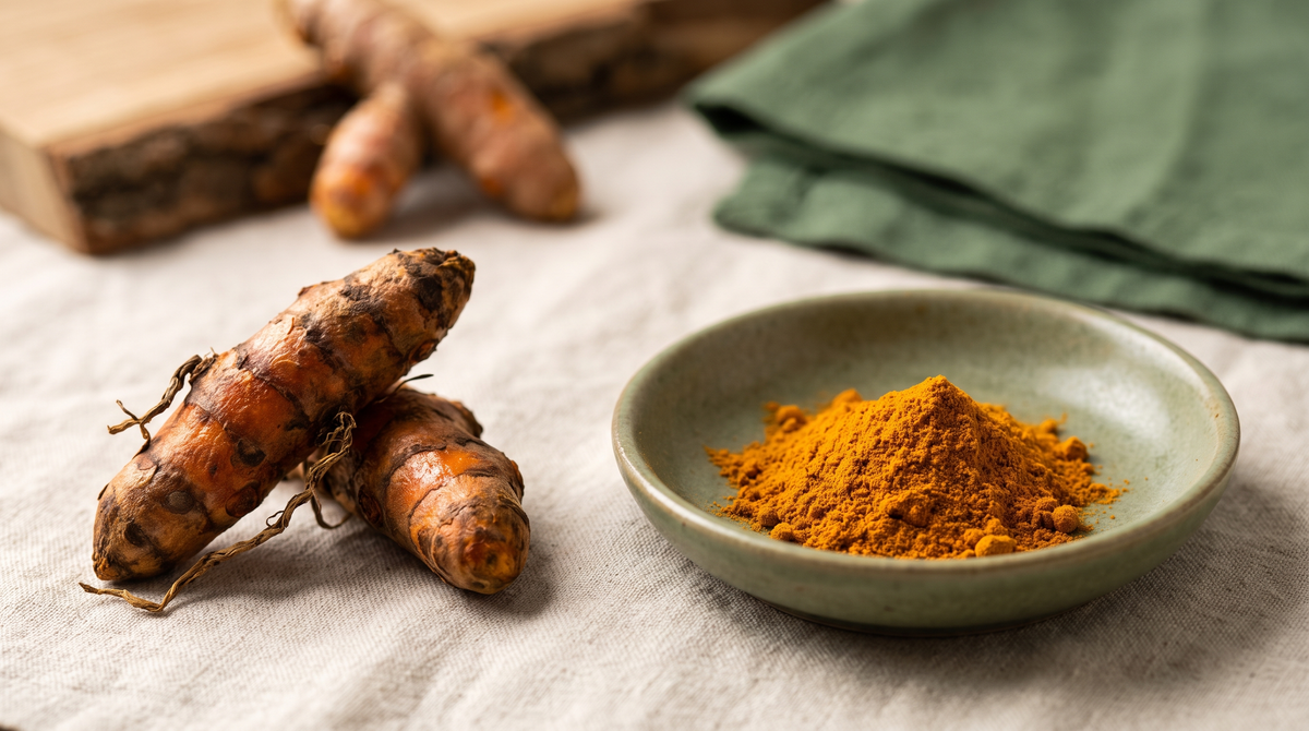 Raíces de cúrcuma junto a un montón de extracto en polvo concentrado sobre lino natural