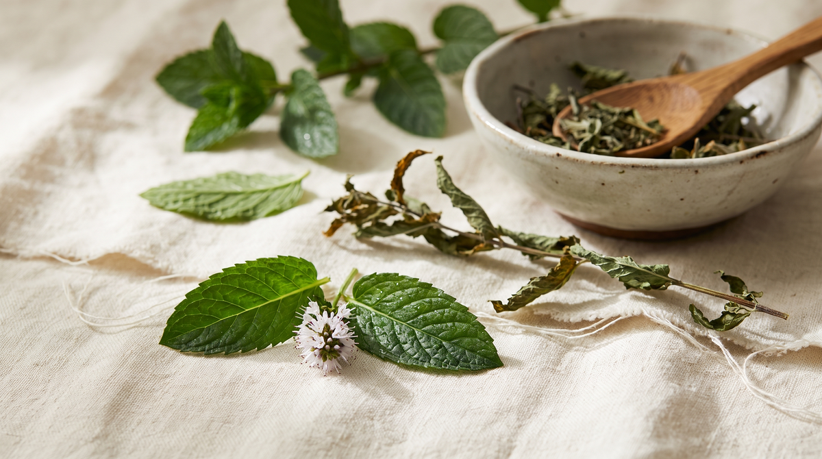 Hojas frescas de hierbabuena y menta sobre lino natural