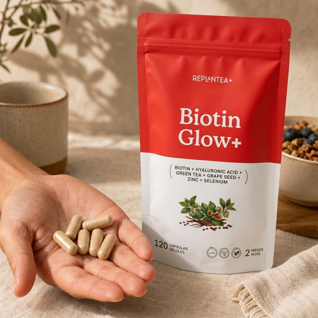 Biotin Glow+ · Biotina, Té Verde, Vitamina C, Ácido Hialurónico, Zinc y Selenio · 120 cápsulas veganas