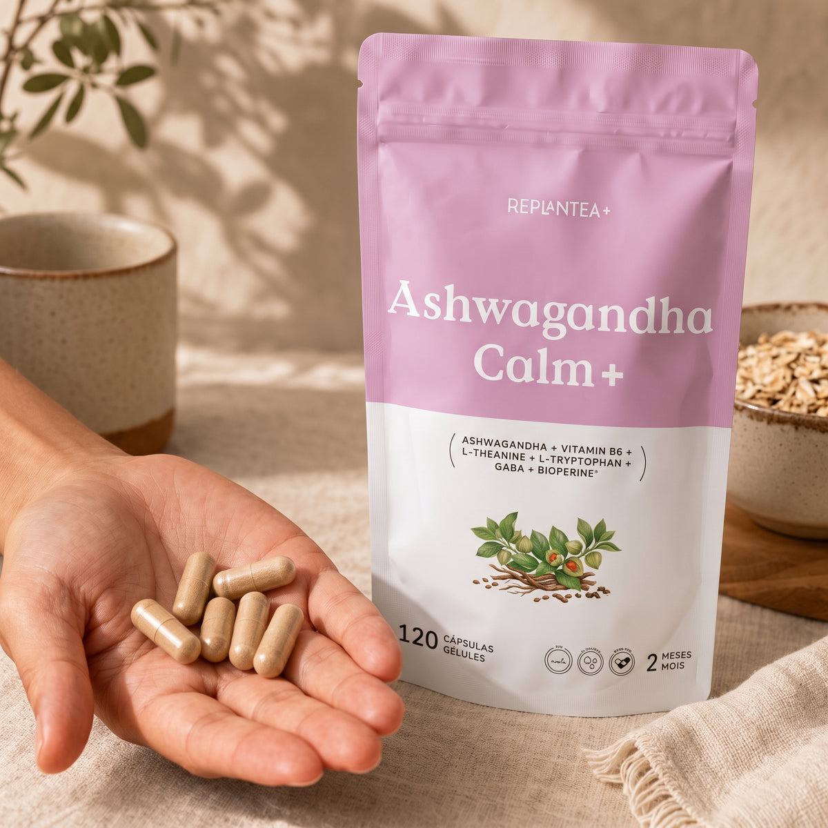 Ashwagandha Calm+ · Ashwagandha 25:1, L-Teanina, L-Triptófano, GABA, Vitamina B6 y BioPerine® · 120 cápsulas