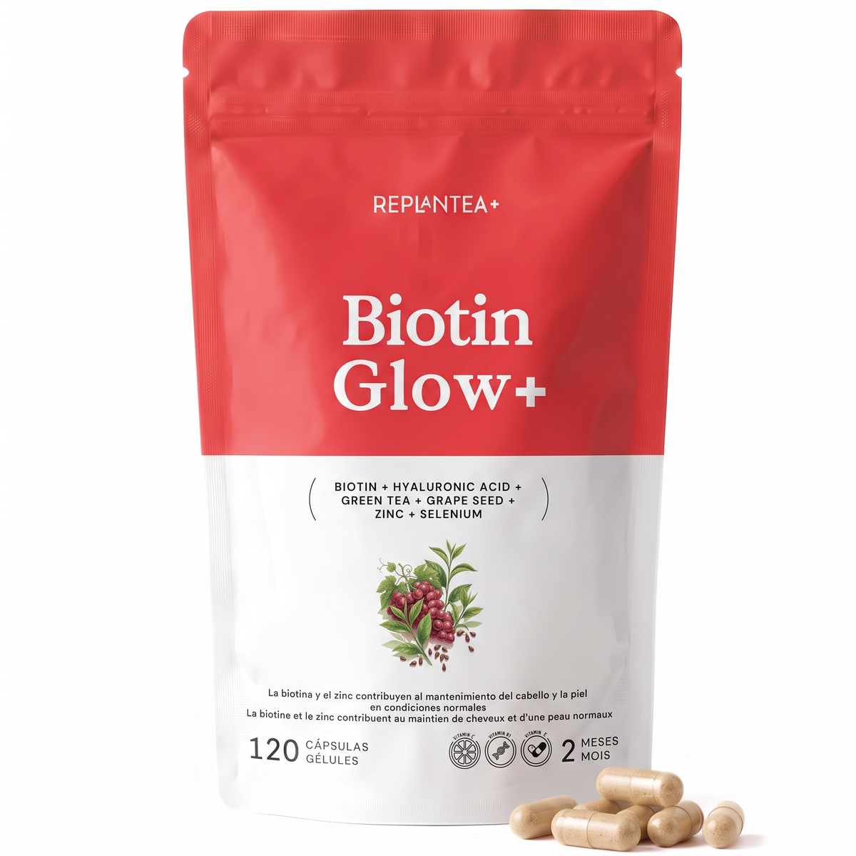 Biotin Glow+ · Biotina, Té Verde, Vitamina C, Ácido Hialurónico, Zinc y Selenio · 120 cápsulas veganas